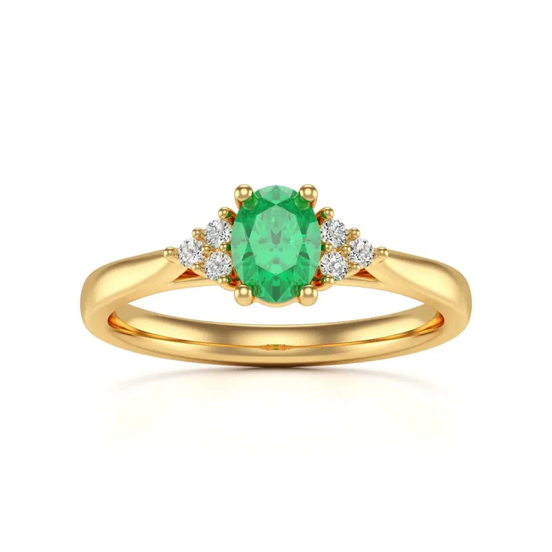 18ct Gold Diamond Trefoil Emerald Engagement Ring - Oval Shape