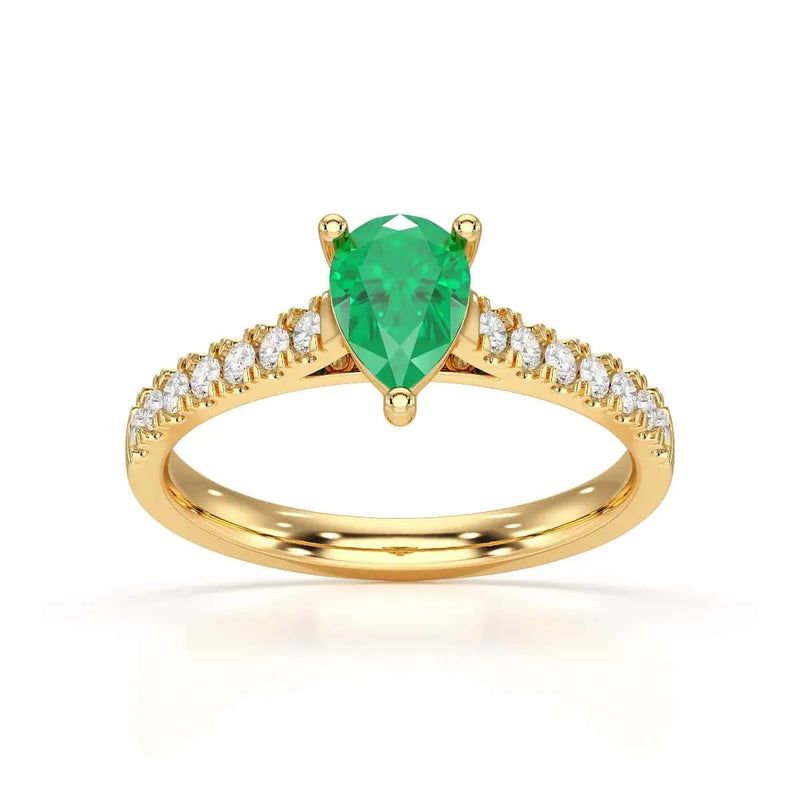 18ct Gold Pear Emerald with Diamond Set Shoulders Ring