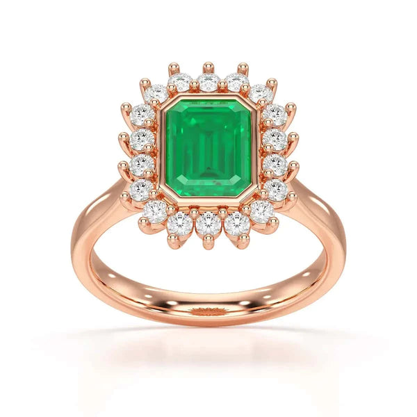  Rose Gold Diamond Cluster Emerald  Ring 