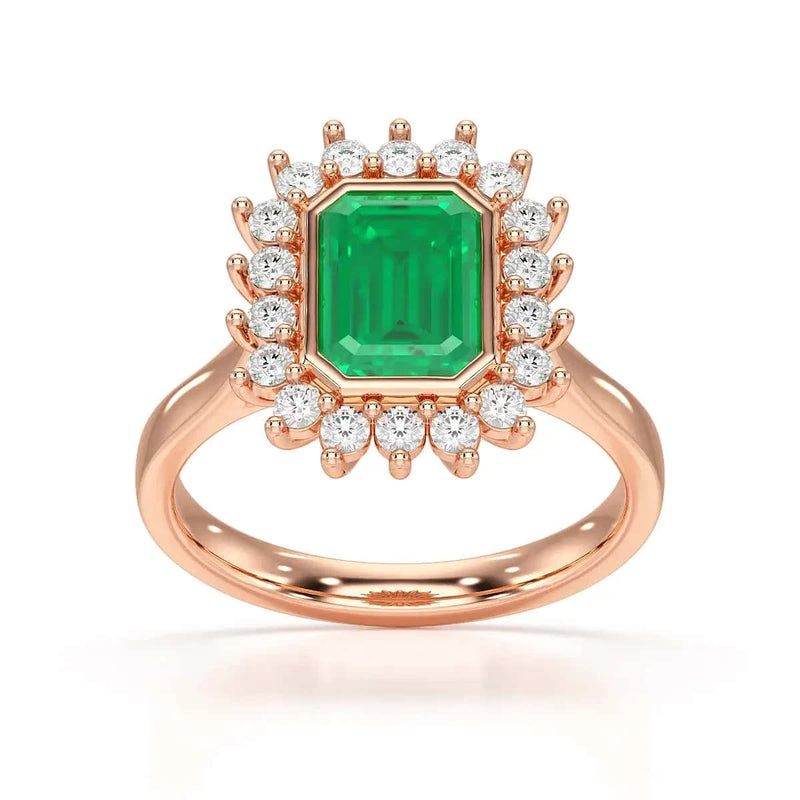 18ct Rose Gold Diamond Cluster Emerald Engagement Ring  Octagon Shape