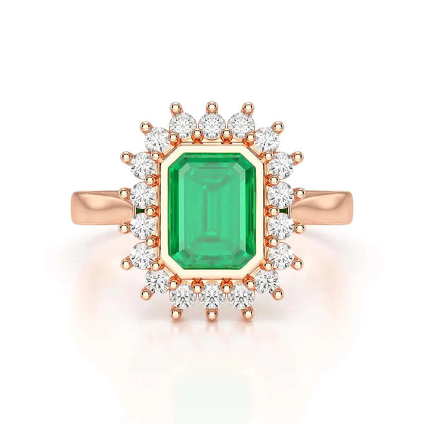  Rose Gold Diamond Cluster Emerald  Ring 