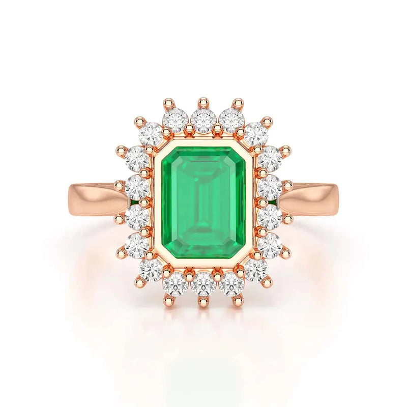 18ct Rose Gold Diamond Cluster Emerald  Ring.