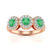 18ct Rose Gold Diamond Halo 3 Emeralds Ring - Round Shape