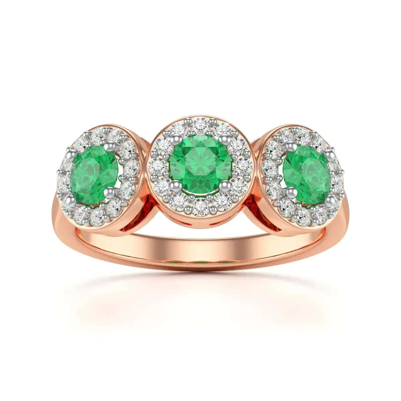18ct Rose Gold Diamond Halo 3 Emeralds Ring - Round Shape
