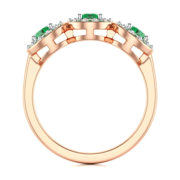 18ct  Rose Gold Diamond Halo 3 Emeralds Ring 