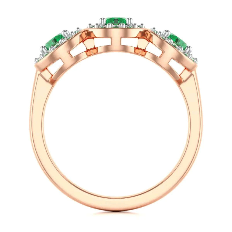 18ct  Rose Gold Diamond Halo 3 Emeralds Ring 