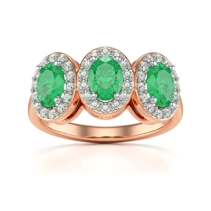 18ct Rose Gold Diamond Halo 3 Emeralds engagement Ring - Oval Shape