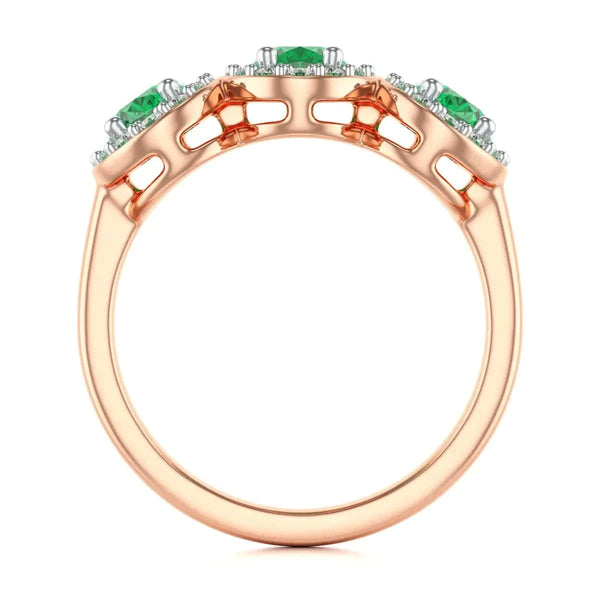 18ct Rose Gold Diamond Halo 3 Emeralds engagement Ring 