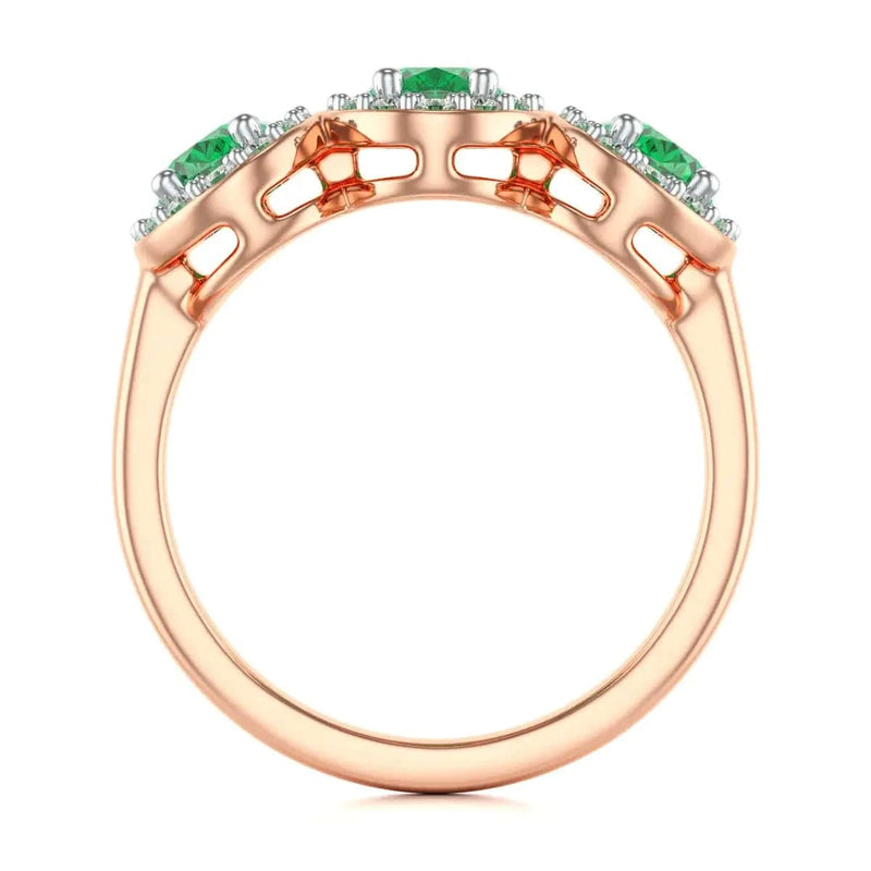 18ct Rose Gold Diamond Halo 3 Emeralds engagement Ring 