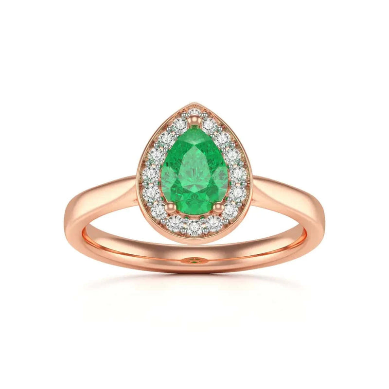 18ct Rose Gold Diamond Halo Emerald Engagement Ring - Pear Shape