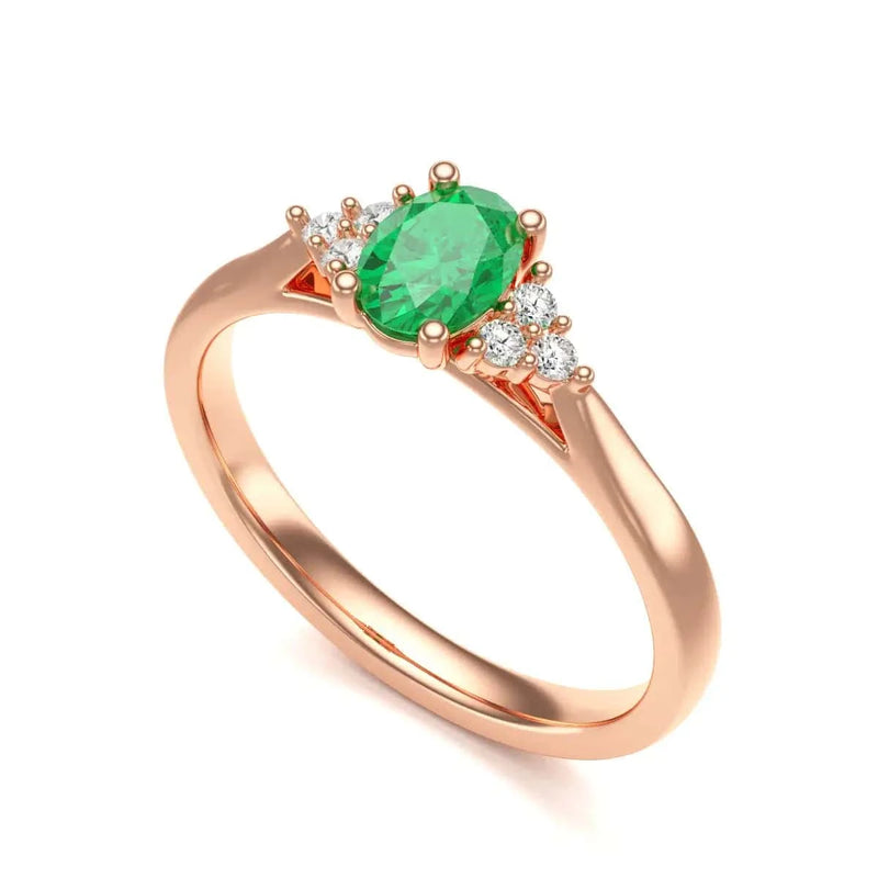 18ct Rose Gold Diamond Trefoil Emerald Engagement Ring - Oval