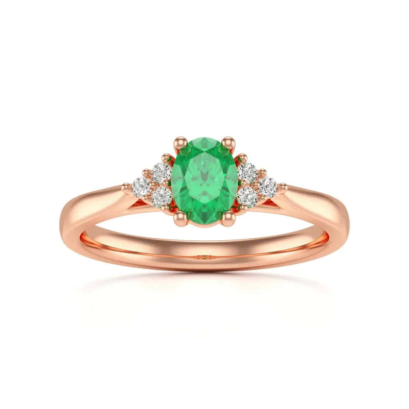 18ct Rose Gold Diamond Trefoil Emerald Engagement Ring - Oval Shape