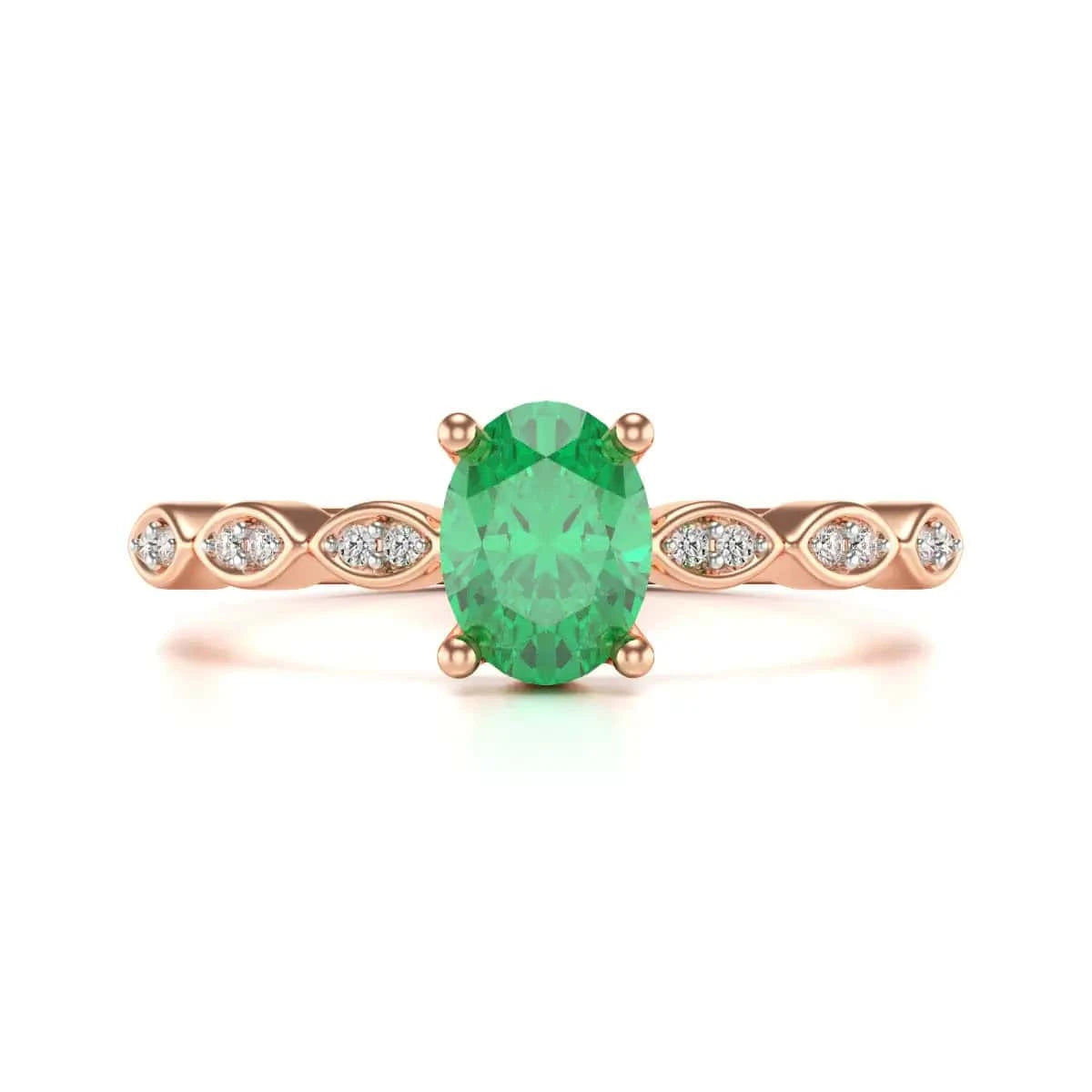 18ct Rose Gold Natural Emerald merquise shoulder Engagement ring 