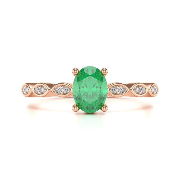 18ct Rose Gold Natural Emerald merquise shoulder Engagement ring 