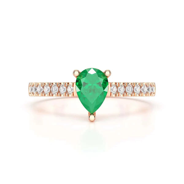 18ct Rose Gold Pear Emerald with Diamond  shoulder Engagement Ring