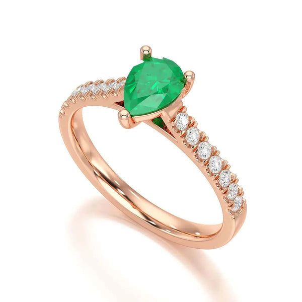 18ct Rose Gold Pear Emerald with Diamond  shoulder Engagement Ring