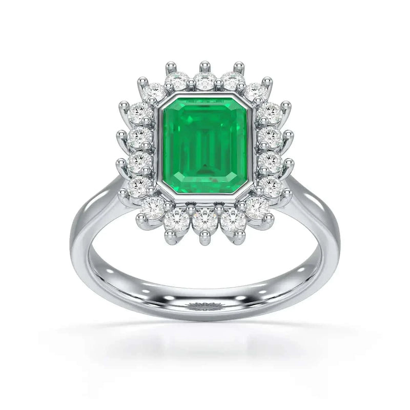 18ct White Gold Diamond Cluster Emerald Engagement Ring  Octagon Shape