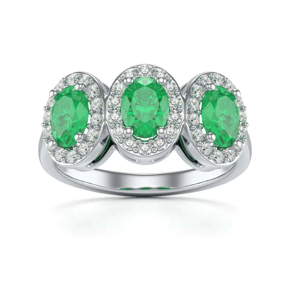 18ct Rose Gold Diamond Halo 3 Emeralds engagement Ring 