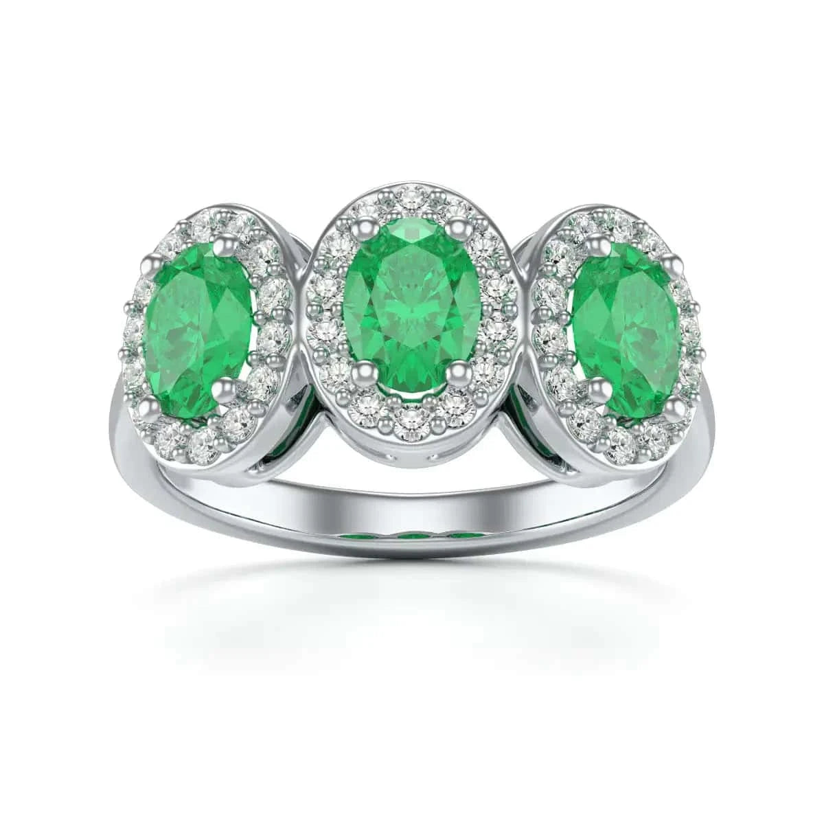 18ct White Gold Diamond Halo 3 Emeralds Ring - Oval Shape