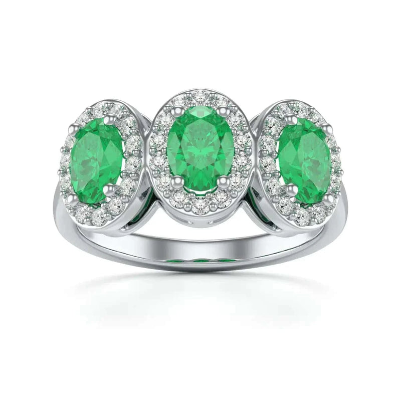 18ct White Gold Diamond Halo 3 Emeralds Ring - Oval Shape
