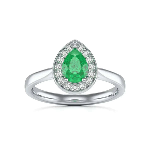  White Gold Diamond Halo Emerald  Ring 