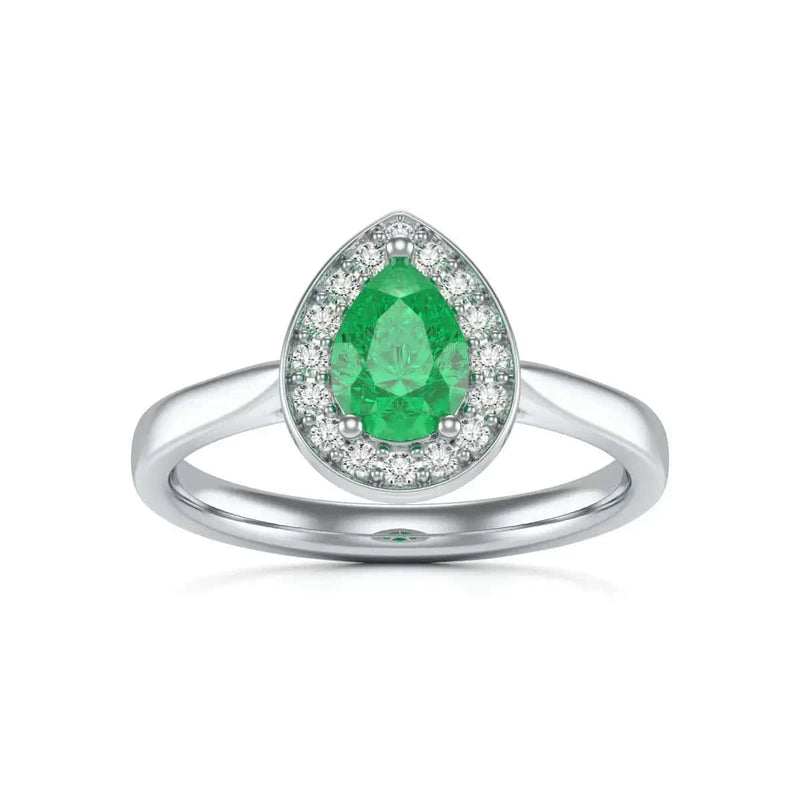 18ct White Gold Diamond Halo Emerald Engagement Ring - Pear Shape