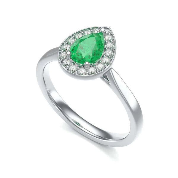  White Gold Diamond Halo Emerald  Ring 