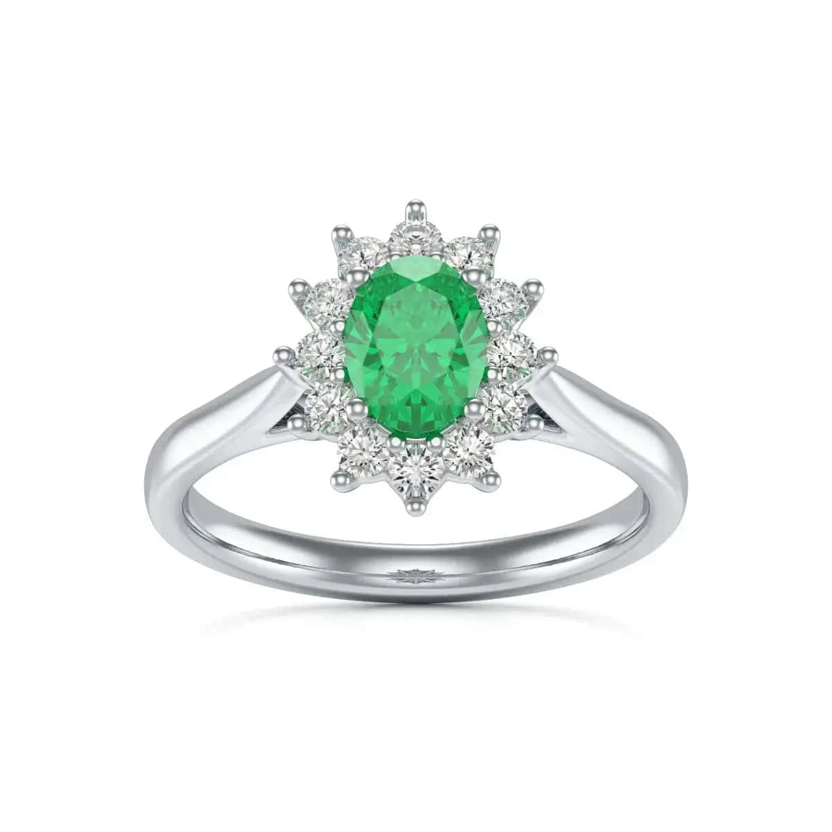 18ct White Gold Halo Emerald Engagement Ring - Oval Shape