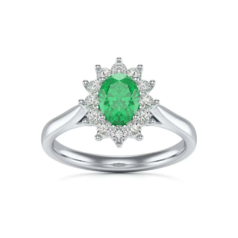 18ct White Gold Halo Emerald Engagement Ring - Oval Shape