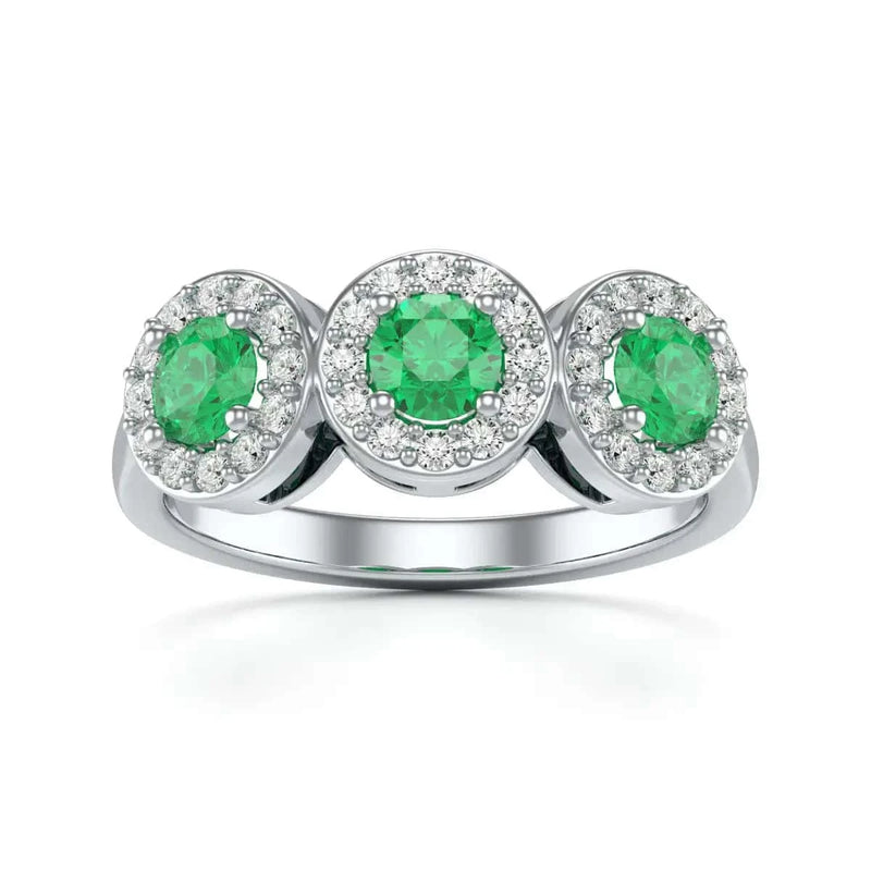 18ct white Gold Diamond Halo 3 Emeralds Ring - Round Shape