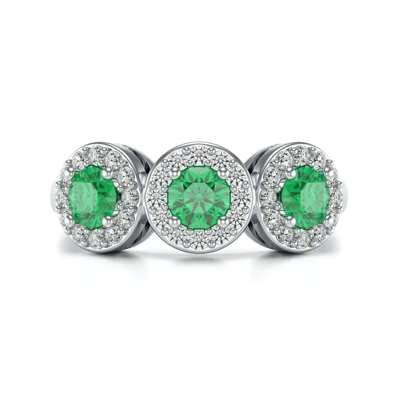 18ct white Gold Diamond Halo 3 Emeralds Ring 