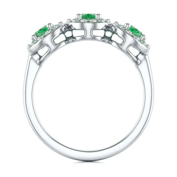 18ct Rose Gold Diamond Halo 3 Emeralds engagement Ring 
