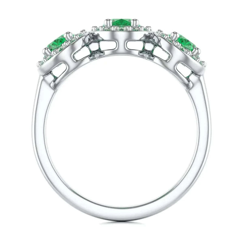 18ct white Gold Diamond Halo 3 Emeralds engagement Ring  