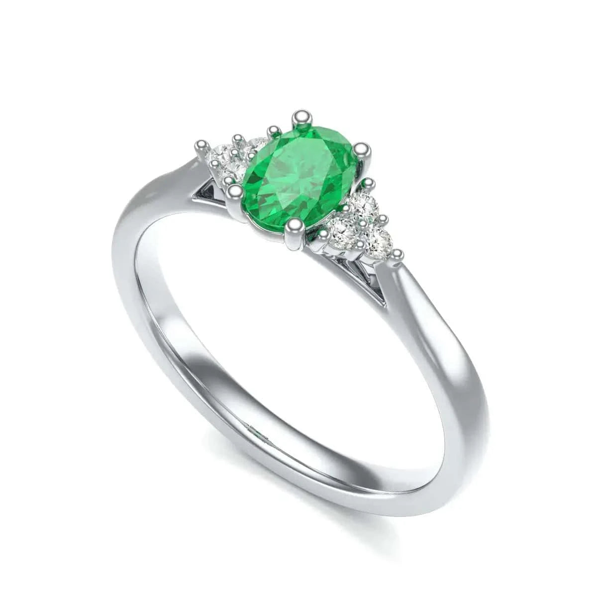 18ct white Gold Diamond Trefoil Emerald Engagement Ring - Oval Shape