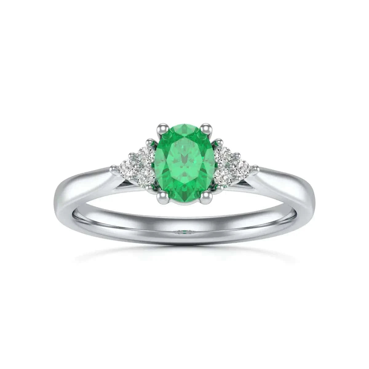 18ct white Gold Diamond Trefoil Emerald Engagement Ring - Oval Shape