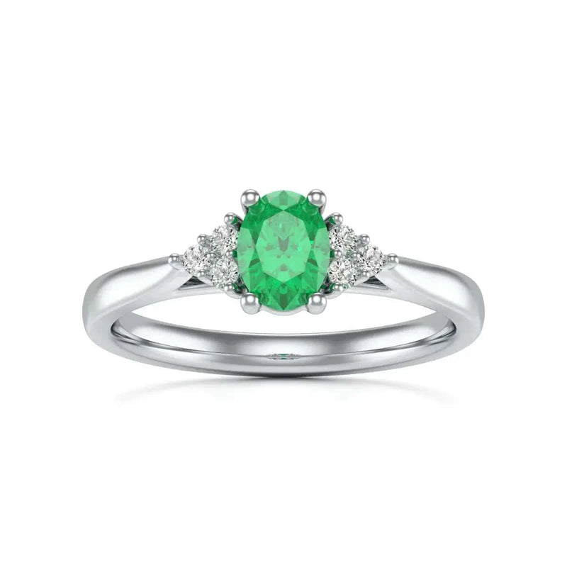 18ct white Gold Diamond Trefoil Emerald Engagement Ring - Oval Shape