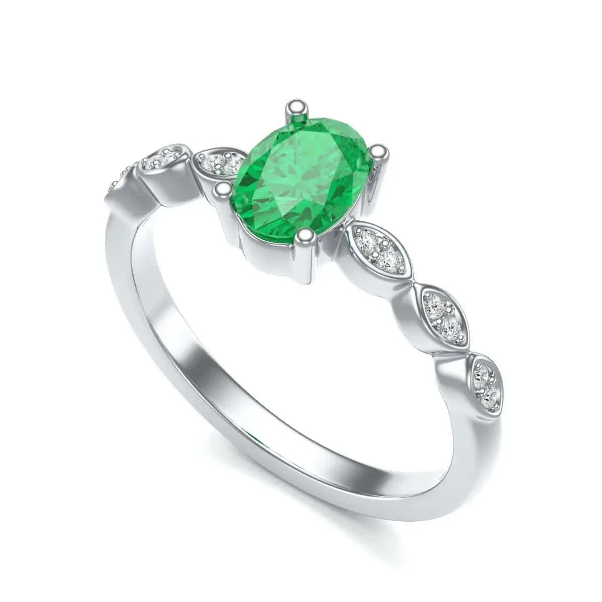 18ct Gold Natural Emerald merquise shoulder Engagement - Oval Shape