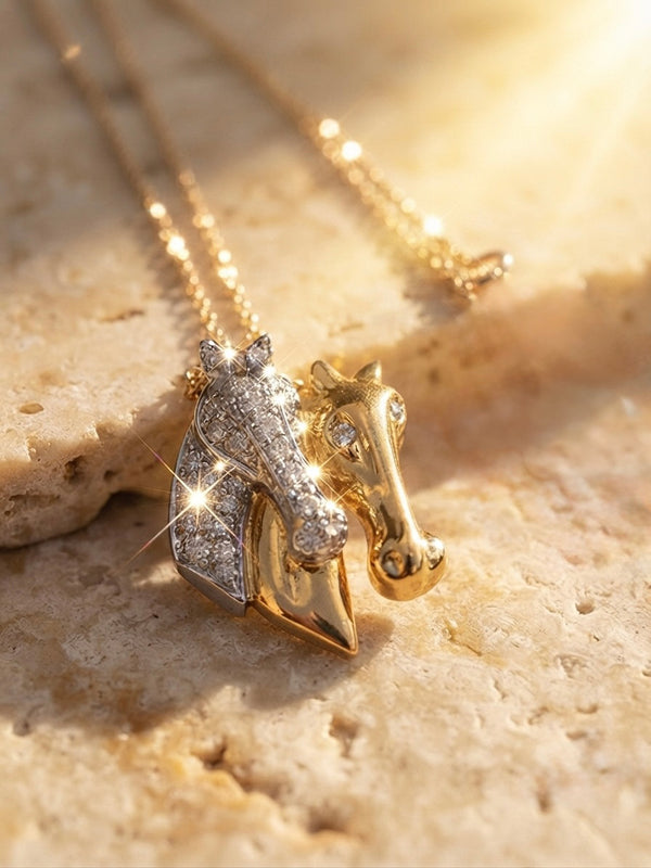 18K 2-Tone Gold Diamond Horses Heads Pendant Necklace