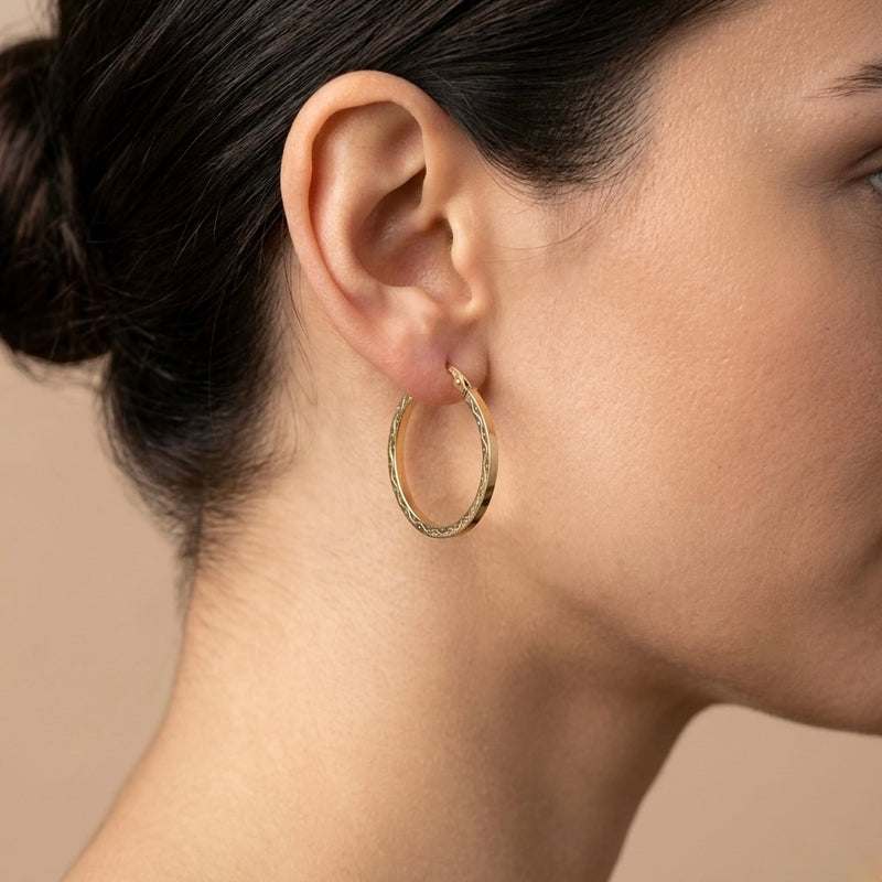 9K Yellow Gold Patterned Engraved Hoop Earrings