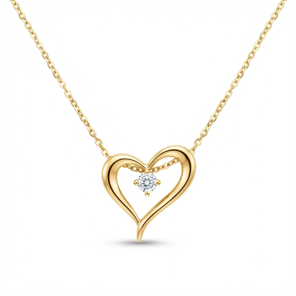 9K Yellow Gold Open Heart Diamond Pendant Necklace