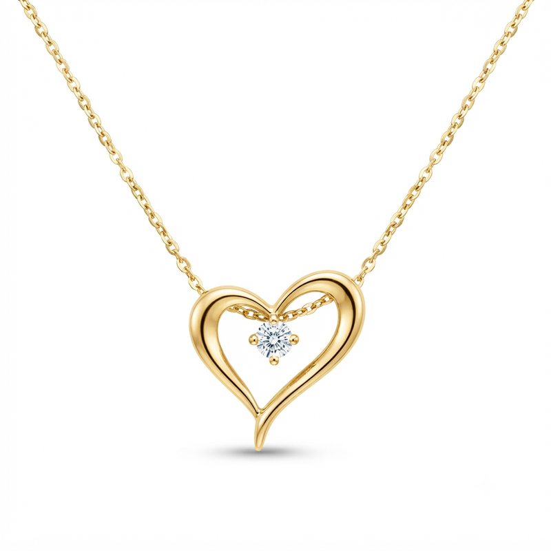 9K Yellow Gold Open Heart Diamond Pendant Necklace