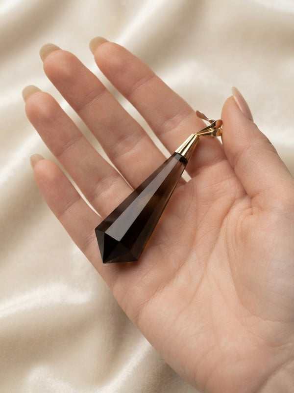 9K Yellow Gold Smokey Quartz Crystal Obelisk Drop Pendant