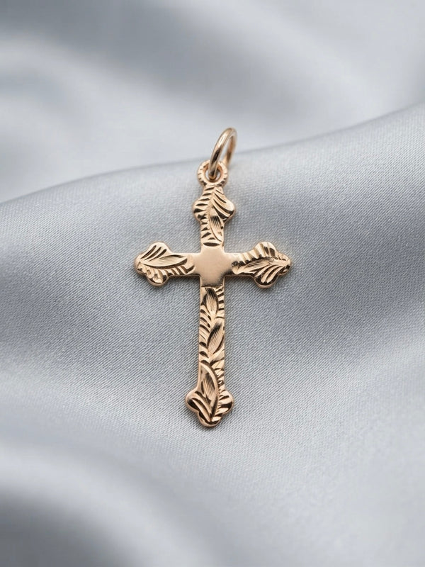9K Rose Gold Hand-Engraved Foliate Cross Pendant