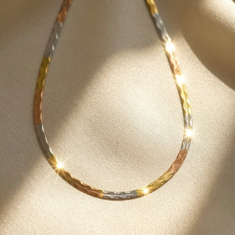 18K Tri-Color Gold Diamond-Cut Herringbone Chain Necklace