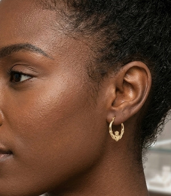 9K Yellow Gold Claddagh Hoop Earrings