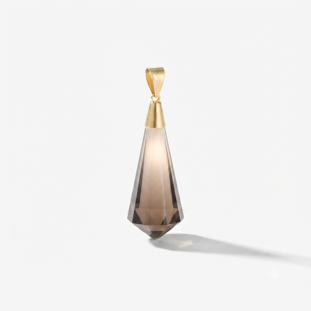 9K Yellow Gold Smokey Quartz Crystal Obelisk Drop Pendant