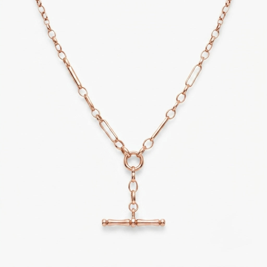 9K Gold Rose Gold T-Bar Albert Chain Necklace 18"