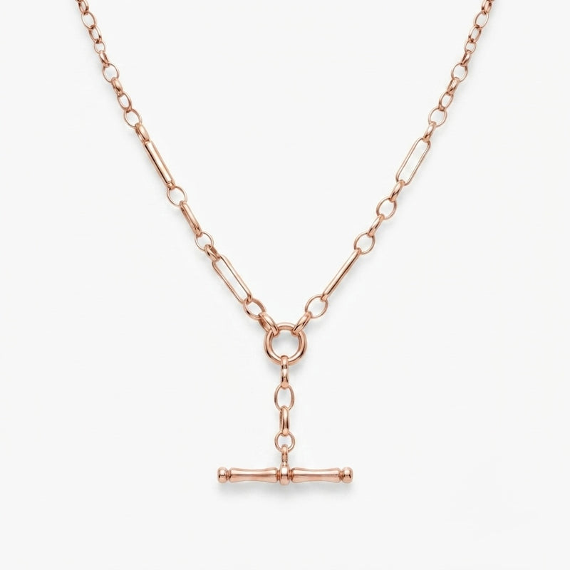 9K Gold Rose Gold T-Bar Albert Chain Necklace 18"