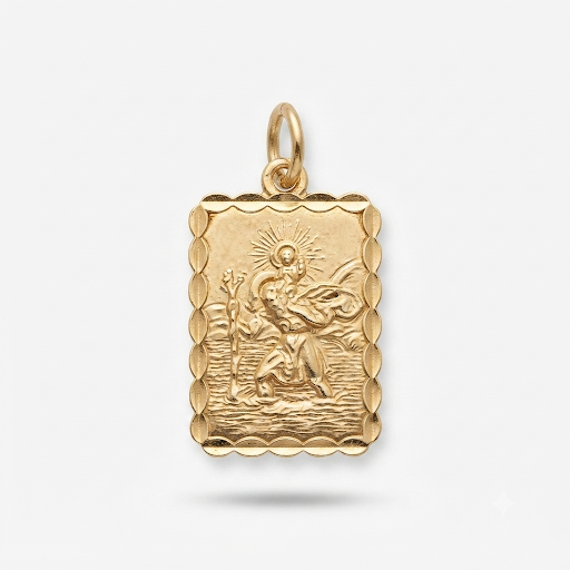 9K Yellow Gold Scalloped Rectangular St. Christopher Pendant