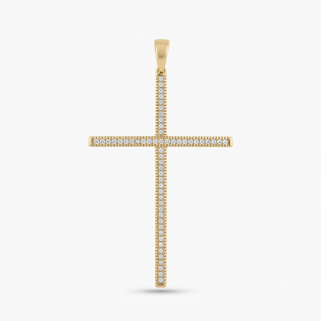 9K Yellow Gold Diamond-Set Slim Cross Pendant